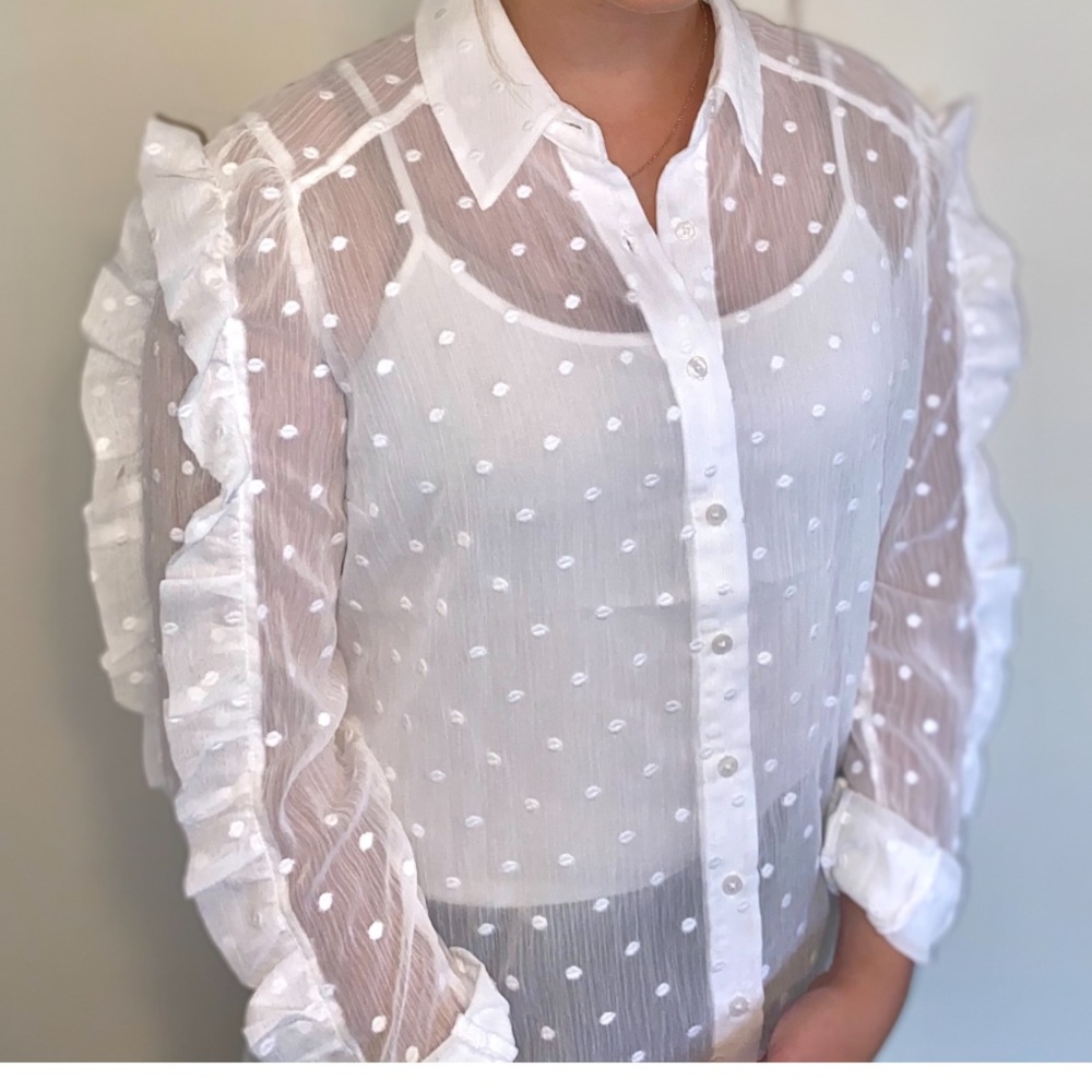 Express sheer polka dot ruffle blouse